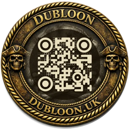 A tarnished gold Dubloon, rope-edged, pirate skulls flanking a QR mark woven into the coin's field